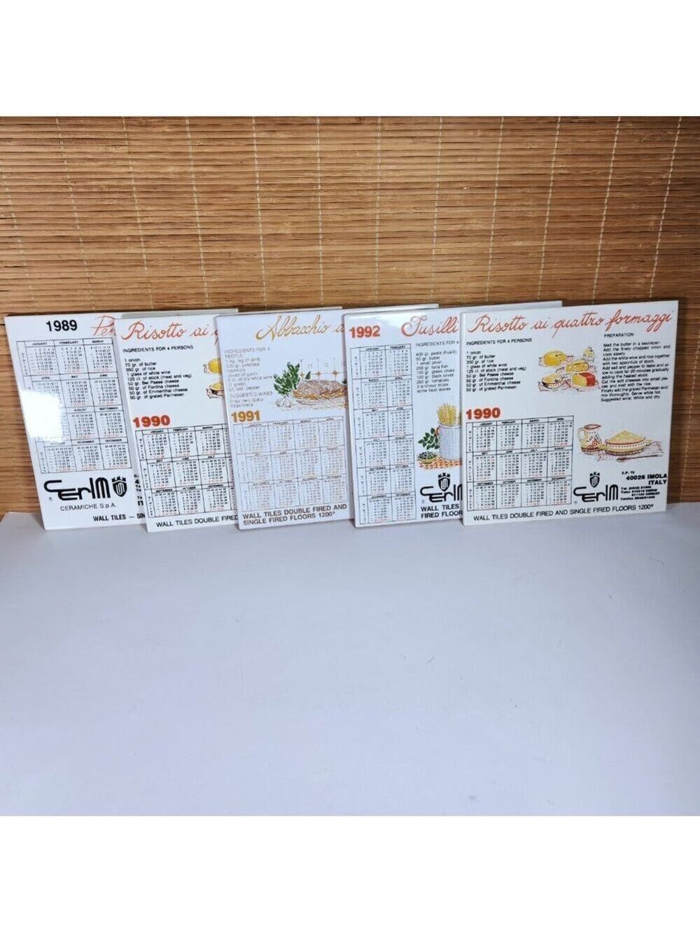 Vintage Erim Italian Porcelain Recipe Wall Tiles Set 5 Calendar 1980s and 1990s